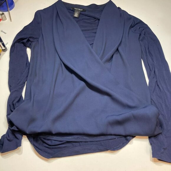 White House Black Market WHBM Navy Drape Crossover Front Blouse Size Small - Picture 3 of 12